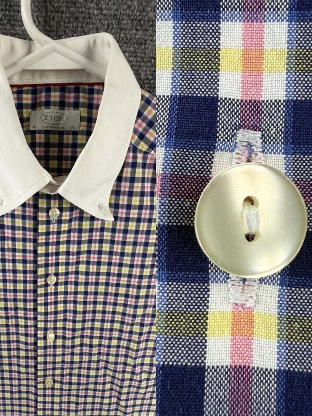 Eton Blue Yellow Check Contrast Collar 15.75 Contemporary Cotton Shirt Button Up